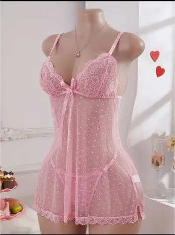 Elegant Pink & Black Lace Babydoll Set (Pink)