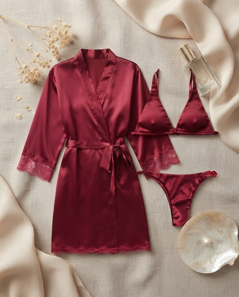 Luxury Satin 3-Piece Nightwear (Red)